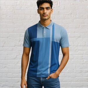 NEW CALVIN KLEIN -- Men's Polo Shirt, Blue Shades, Collar, 3-Button, Short Sl.